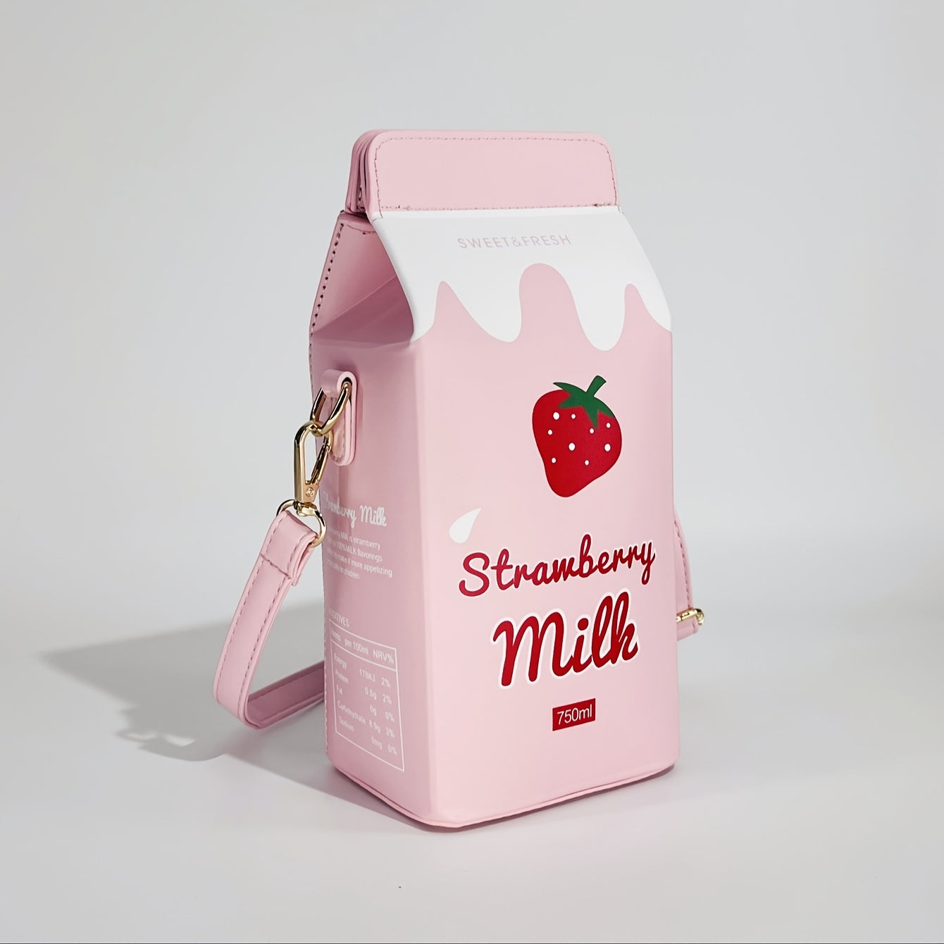 Unique, Chic Milk Carton-Shaped Crossbody Bag with Cow & Letter Print, Adjustable Strap, Zip Closure - Perfect for Travel & Everyday Use, Pink Faux Leather, Girl, Strawberry Pattern